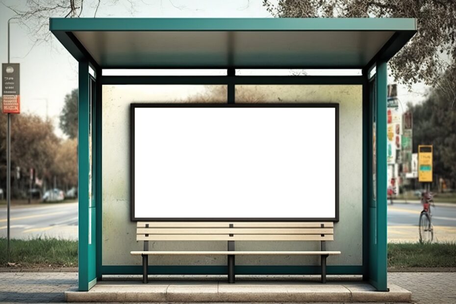 Mockup als Werbebildschirm oder beleuchtetes Display an der Bushaltestelle. Freie, leere Werbefläche in der Fußgängerzone.