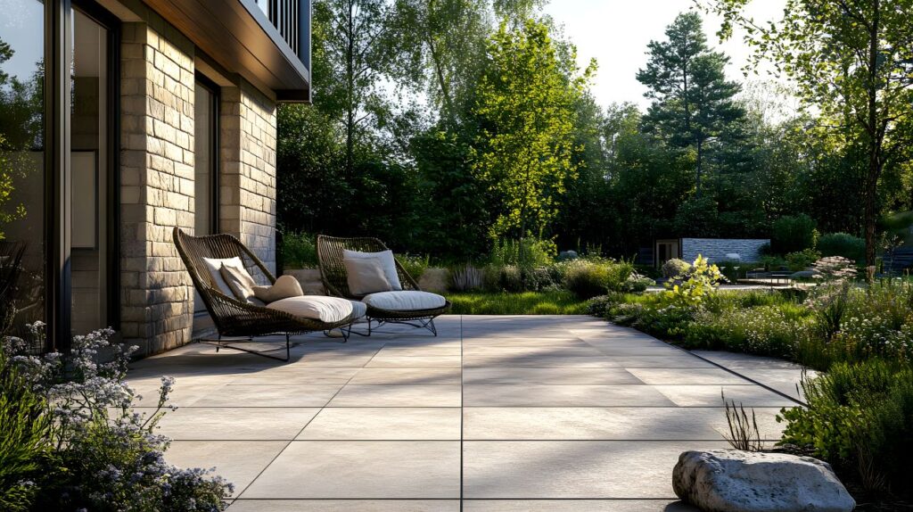 Stilvolle Terrasse mit Natursteinen, Holz und Pflanzen – wie Pflanzkübel Holz ein harmonisches Gesamtbild schafft.