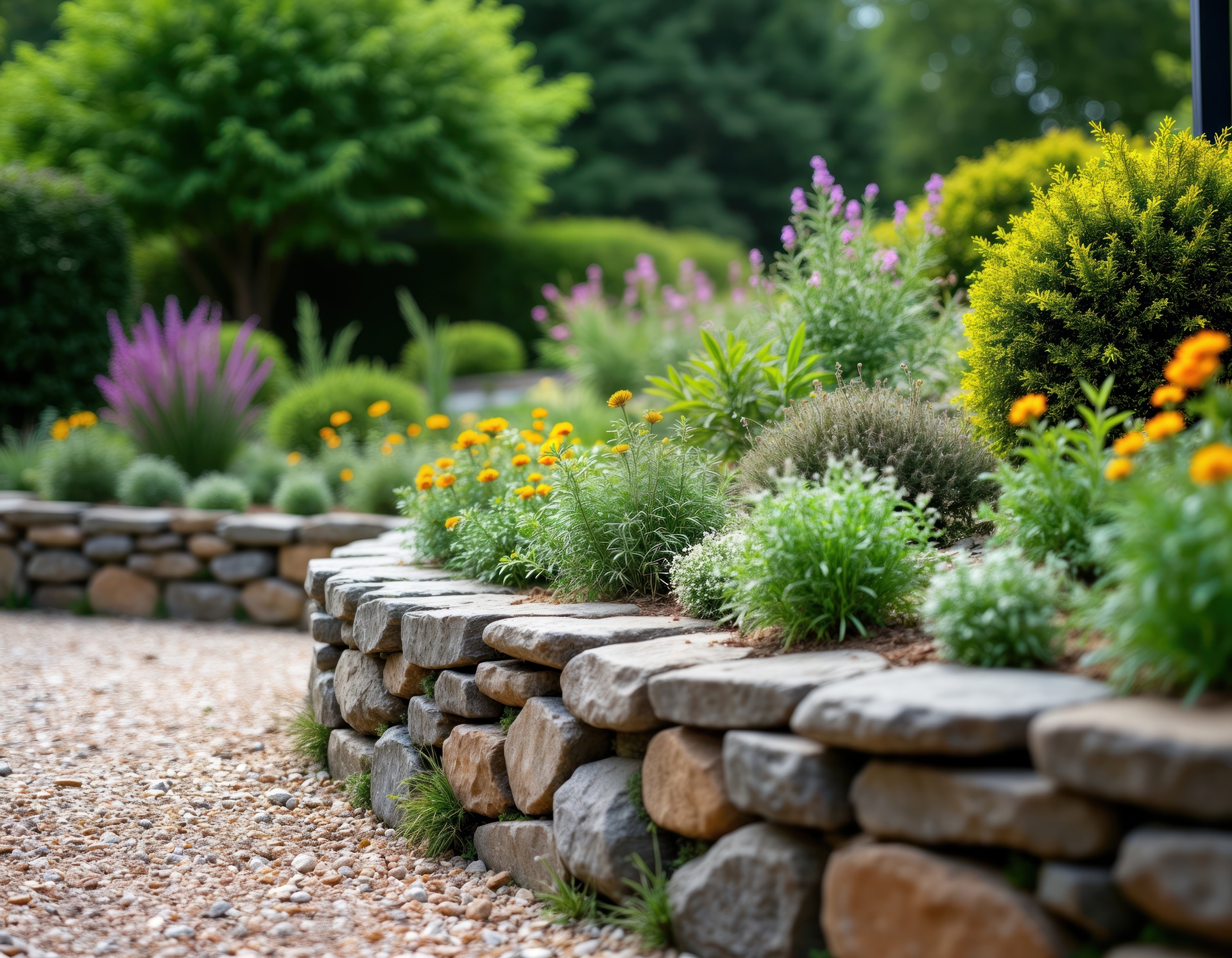 Steingarten mit Blumen und Mülltonnenboxen mit Pflanzdach