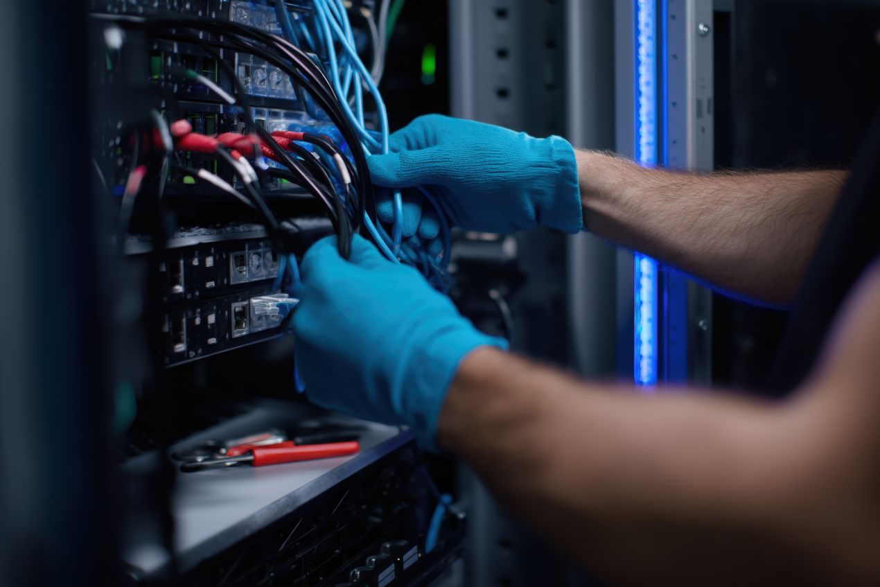 Techniker verbindet Glasfaserkabel im Serverrack – MPO-Stecker sorgen fuer Struktur und Effizienz