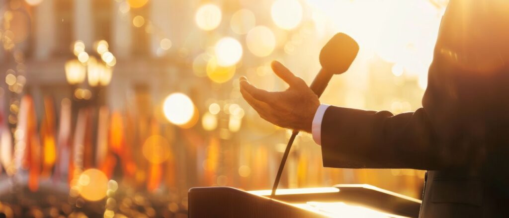 Mann haelt eine Rede mit Mikrofon im Sonnenlicht – Motiv fuer oeffentliche Ansprache und den Wunsch, Trauerredner werden zu wollen