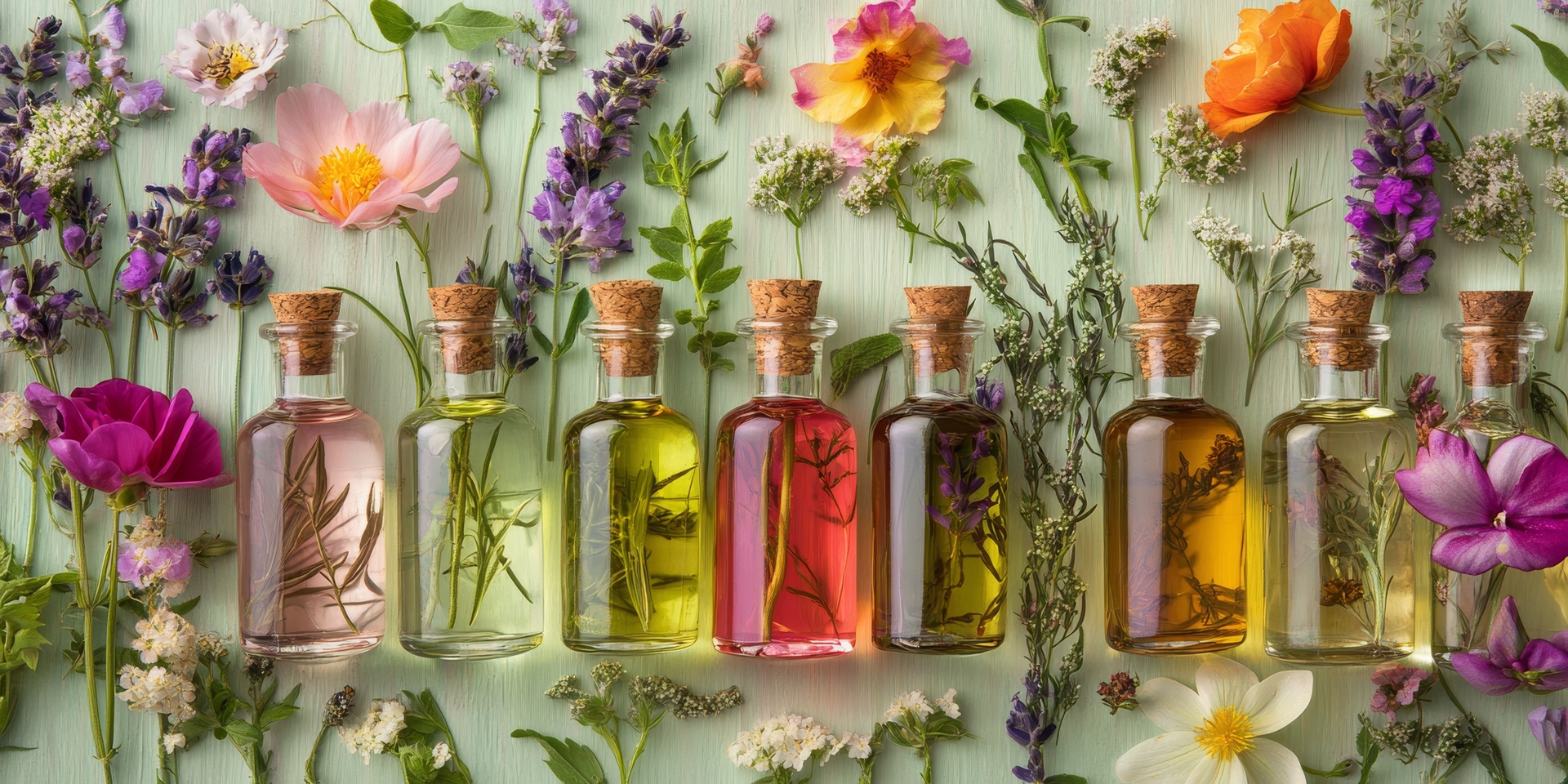 Bunte Glasflaschen mit Kräutern und Blüten | Primavera Öle