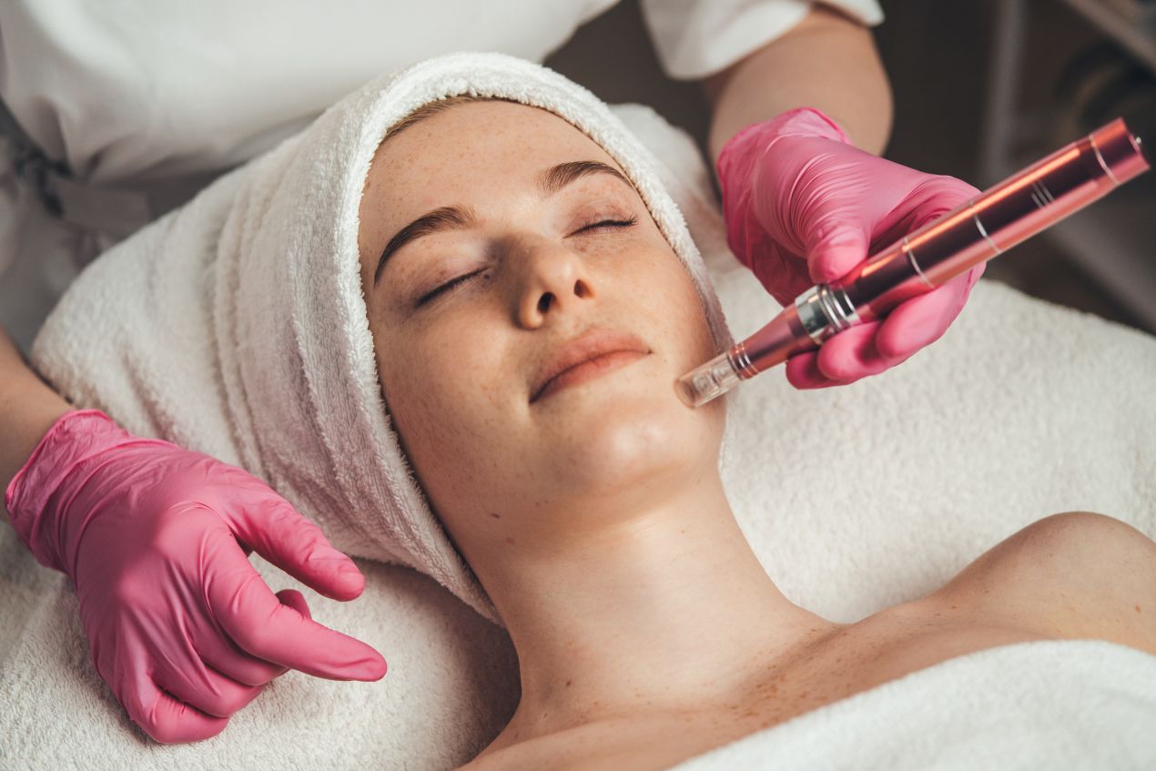 Nahaufnahme einer Microneedling Dortmund Anwendung bei junger Frau im Kosmetikstudio