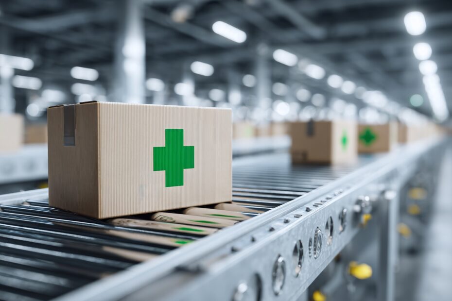 Paket mit medizinischem Symbol auf Förderband | IVDR Leistungsbewertung